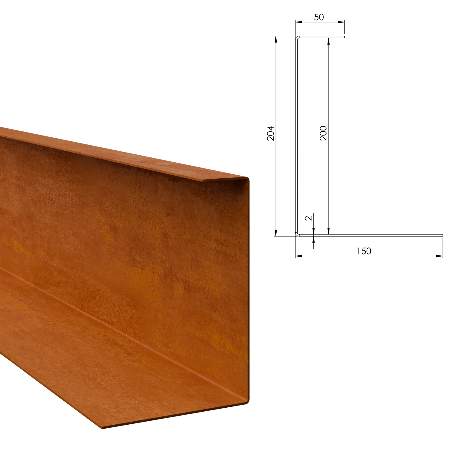 Profilé de recouvrement en U en acier corten 200 x 150 mm, longueur 2400 mm