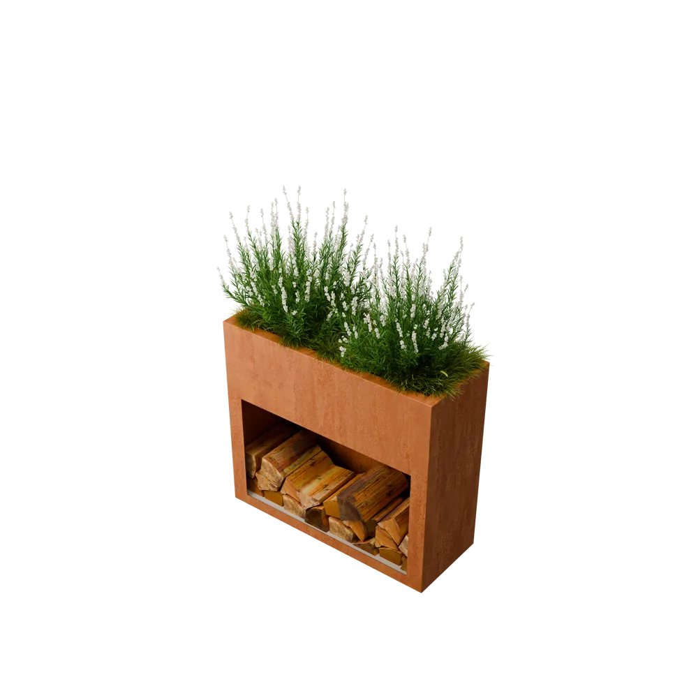 tuinbank, haardhoutrek, bloempot, plantenbak, houtopslag