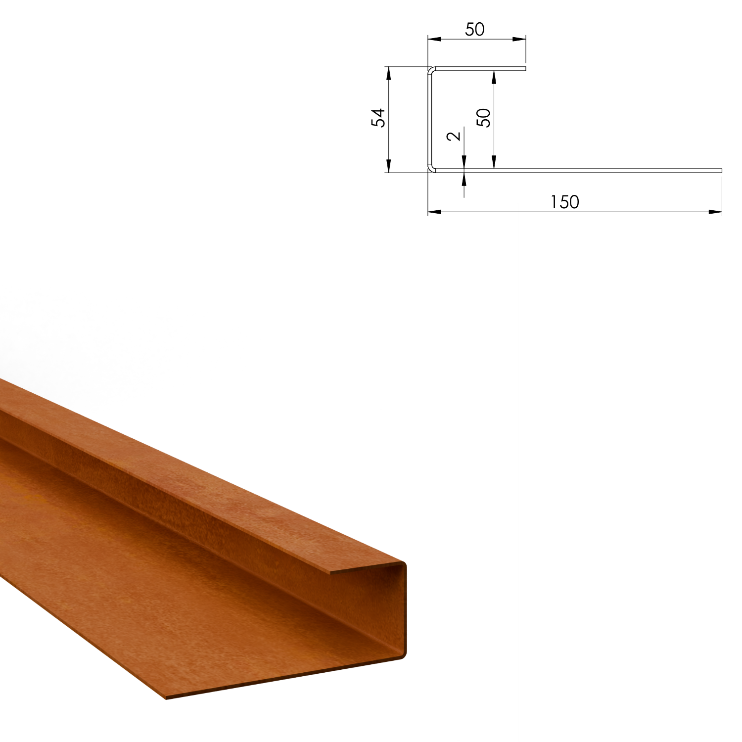 Profilé de recouvrement en U en acier corten 50 x 150 mm, longueur 2400 mm