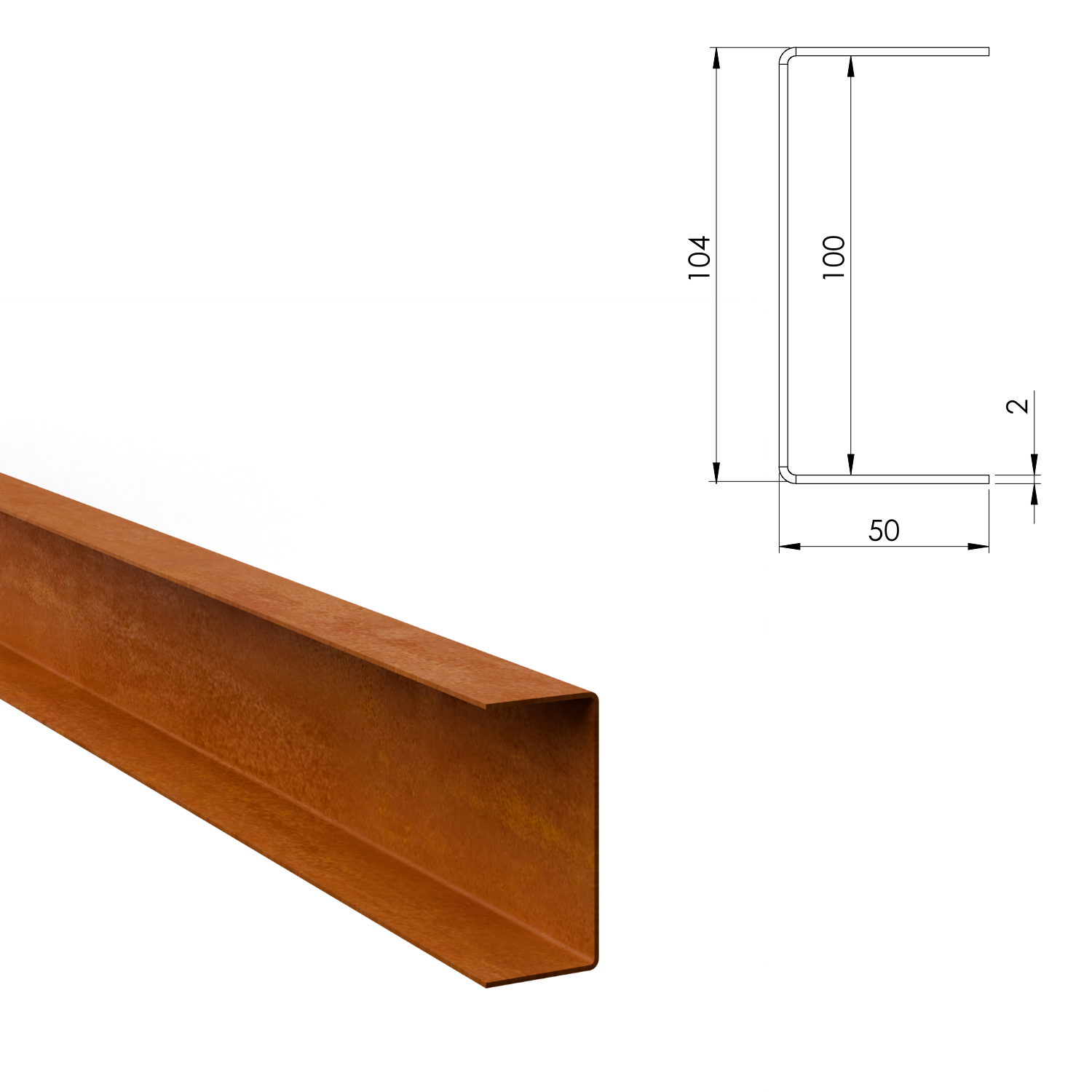 Profilé de recouvrement en U en acier corten 100 x 50 mm, longueur 2400 mm