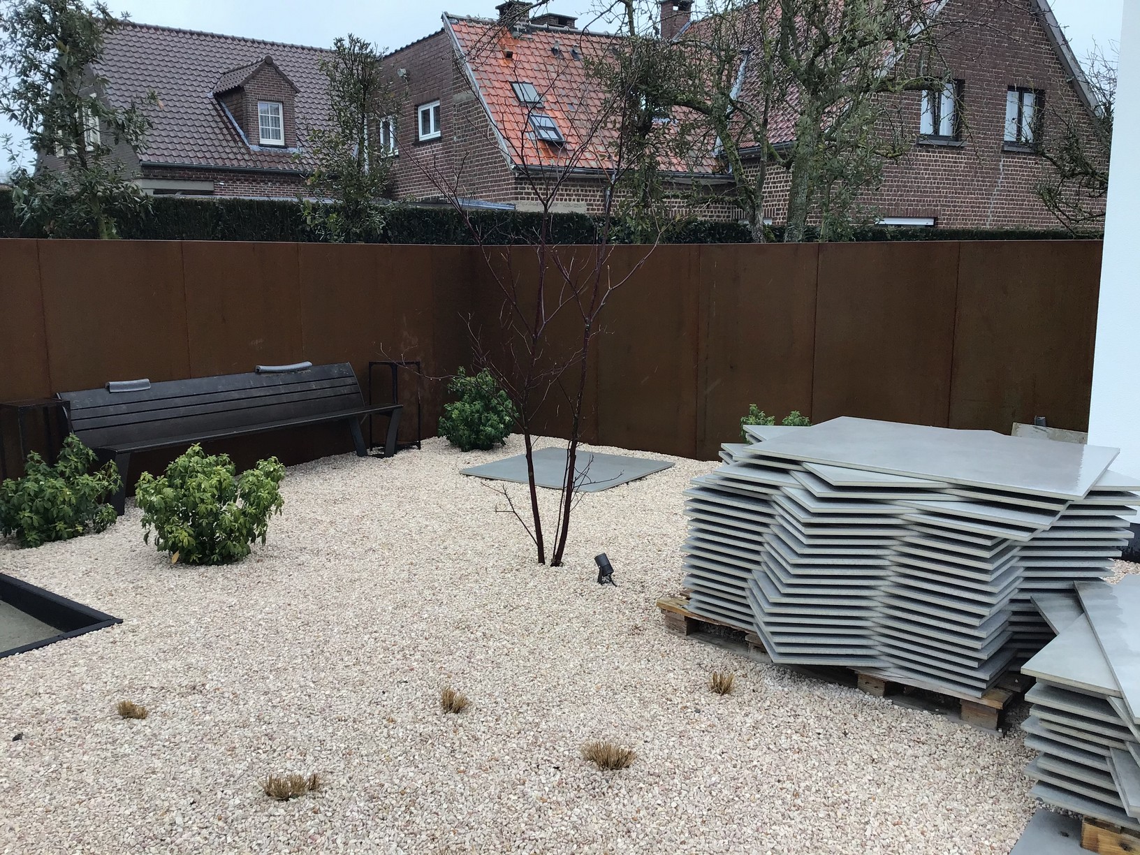 patio, grind, bank, wooden fence, construction materials
