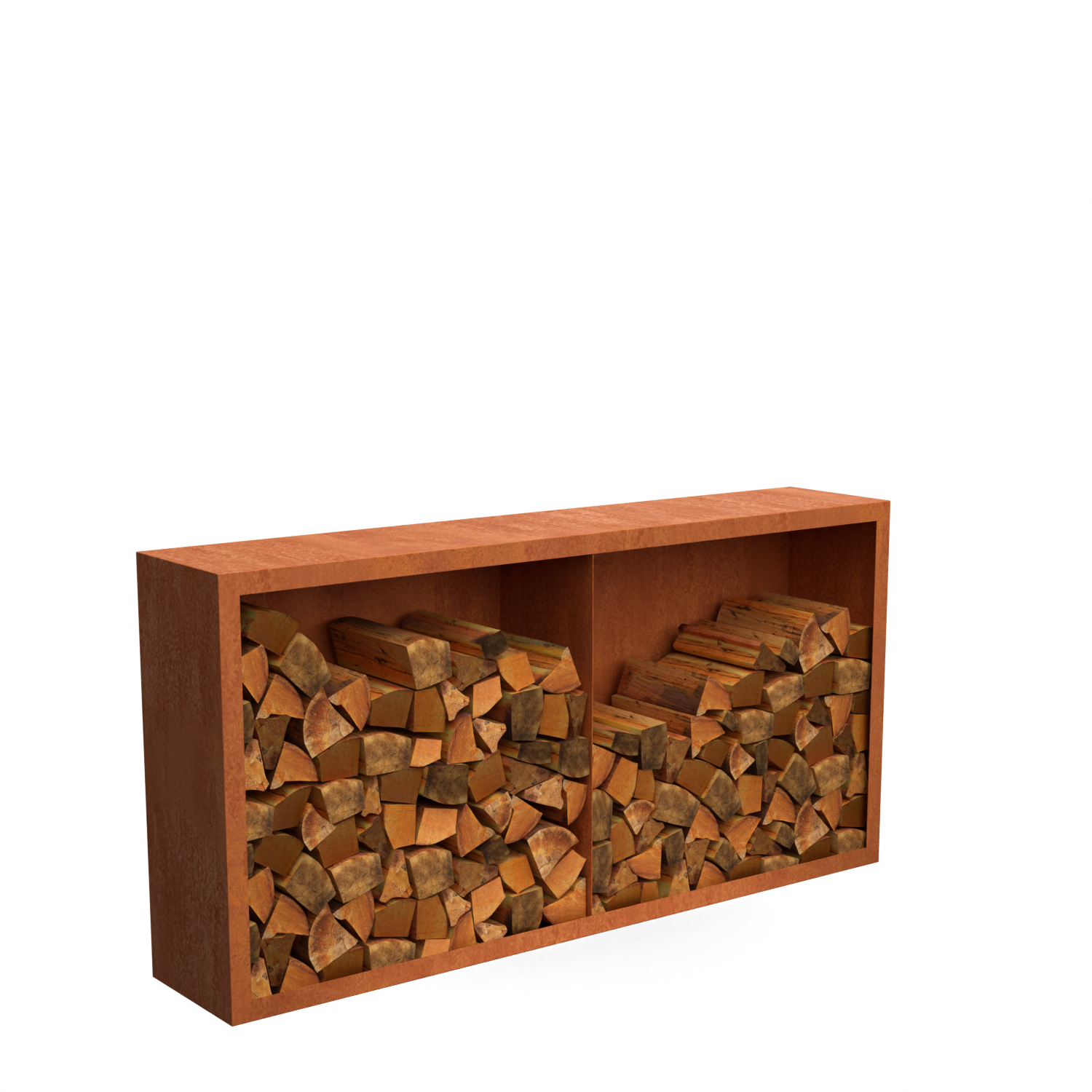 Dividi houtopslag met vakverdeling, 2 vakken met achterwand, cortenstaal 2000×385×1000 mm, gevuld met brandhout