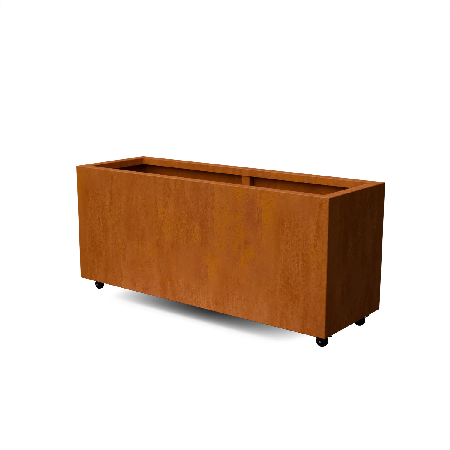 planter, terracotta, rechthoekige planter, tuin, container met wielen, planterbak, planterbak op wieltjes, roestkleur planter, lange verhoogde planter, freestanding planter