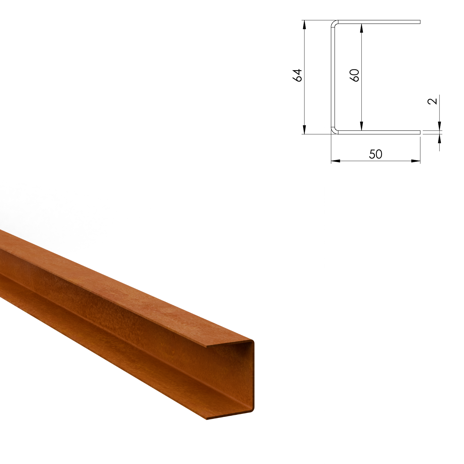 Profilé de recouvrement en U en acier corten 60 x 50 mm, longueur 2400 mm