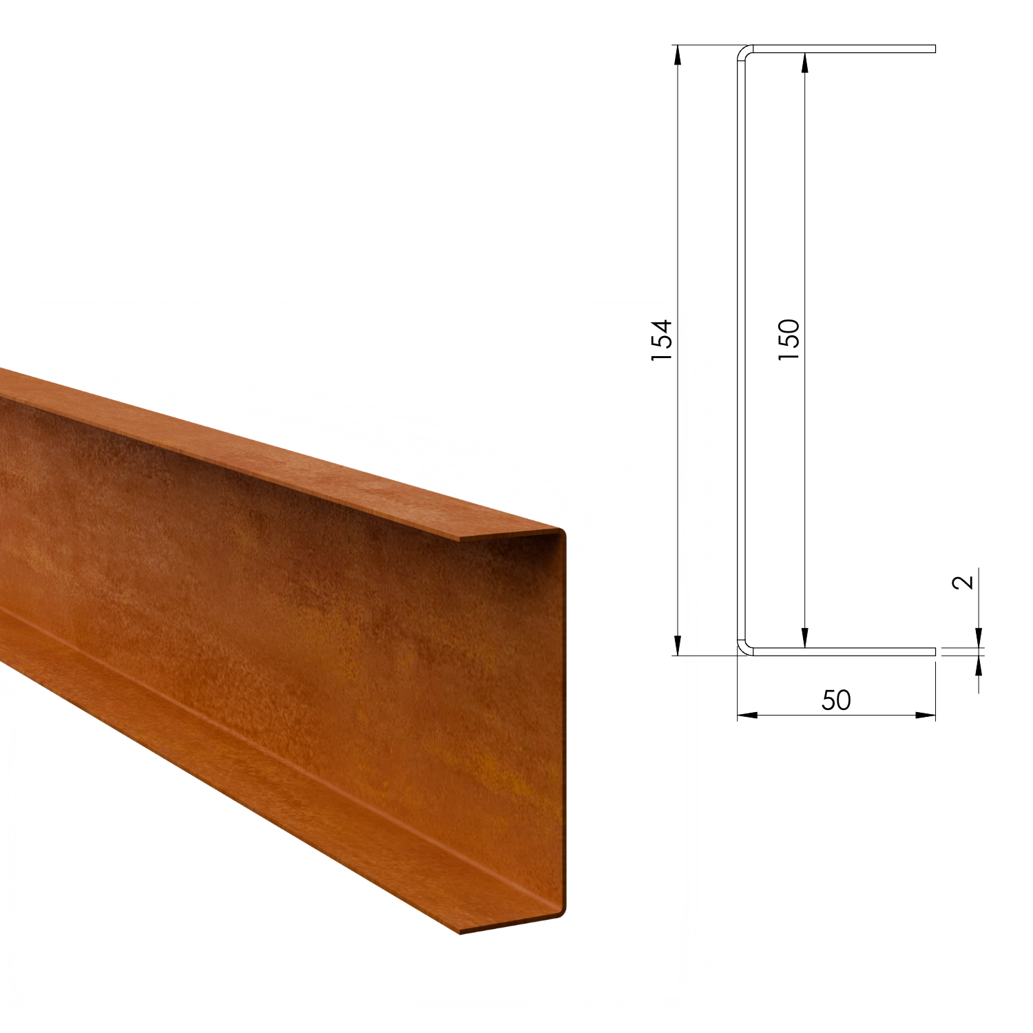 Profilé de recouvrement en U en acier corten 150 x 50 mm, longueur 2400 mm