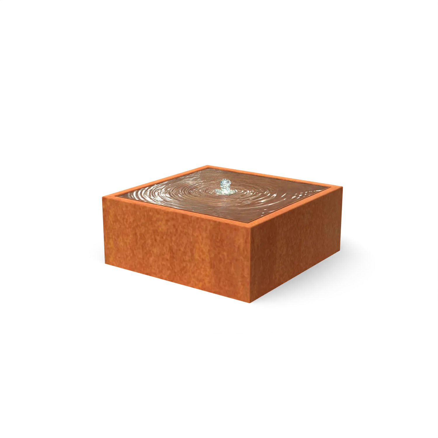 water feature, fountain, rusty cube, brick texture, basin top