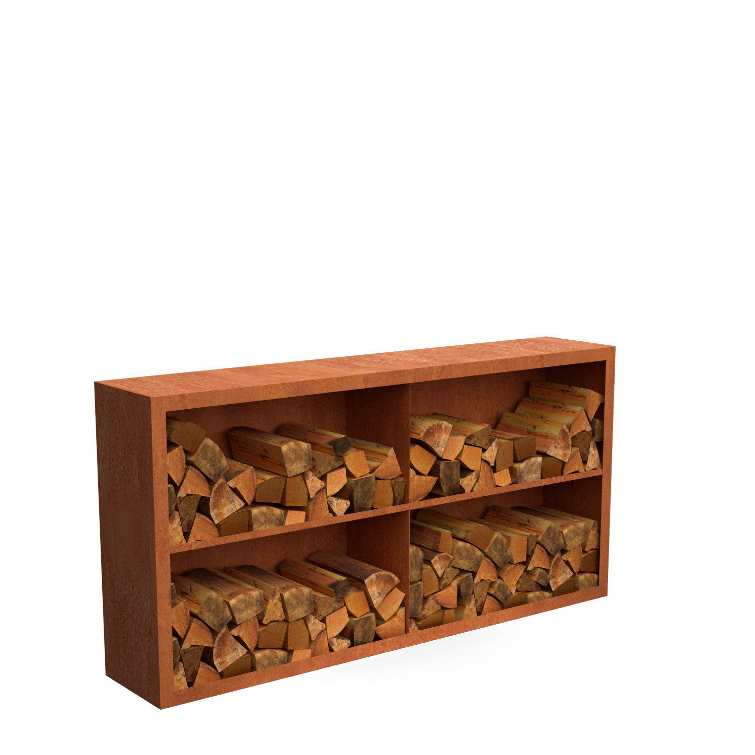 Dividi houtopslag met vakverdeling, 4 vakken met achterwand, cortenstaal 2000×385×1000 mm, gevuld met brandhout