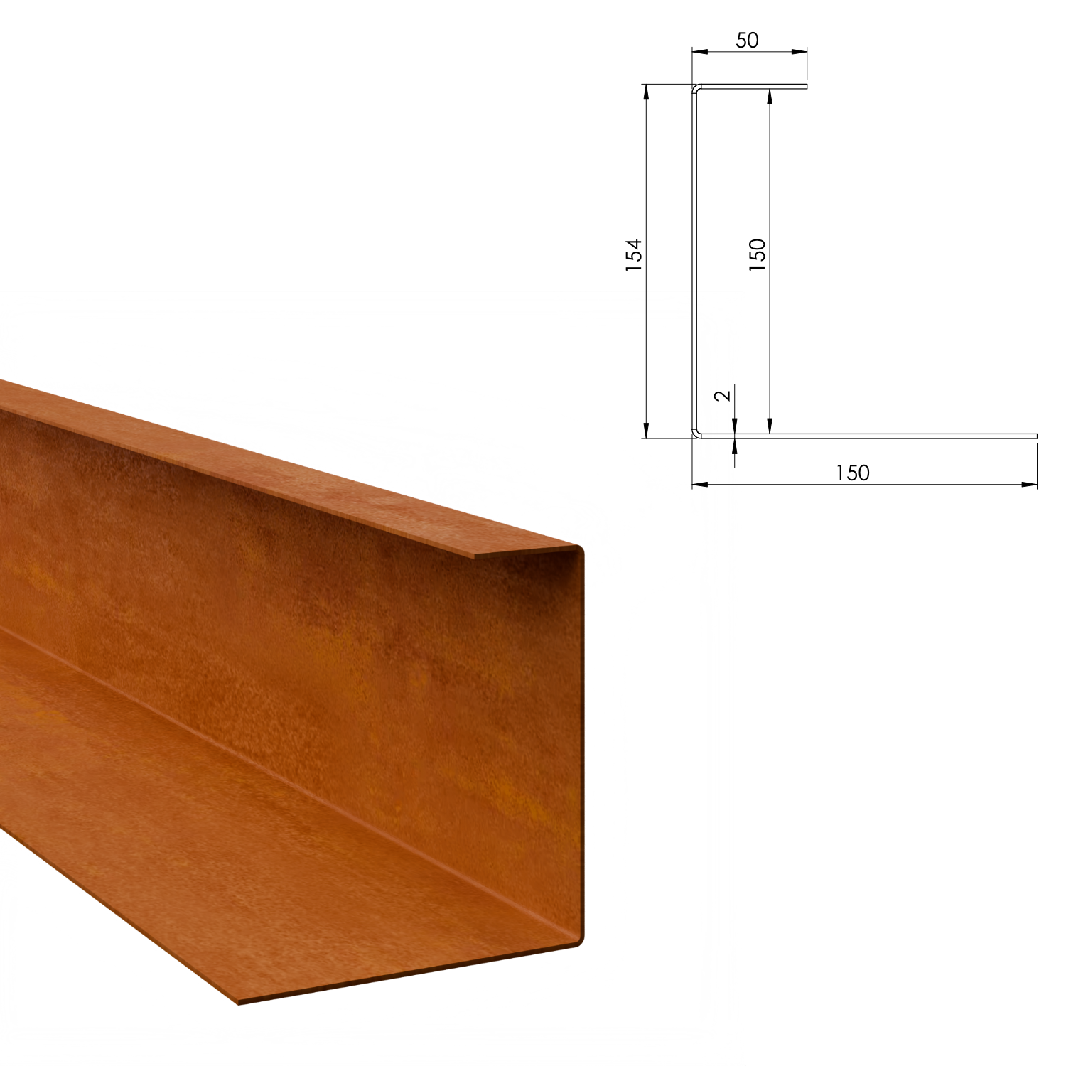 Profilé de recouvrement en U en acier corten 150 x 150 mm, longueur 2400 mm