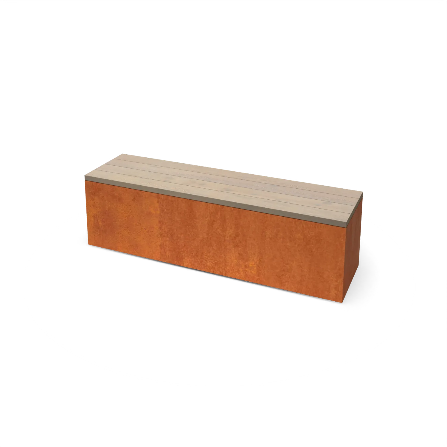 bank, bank, concrete block?, wood top, rusty metal