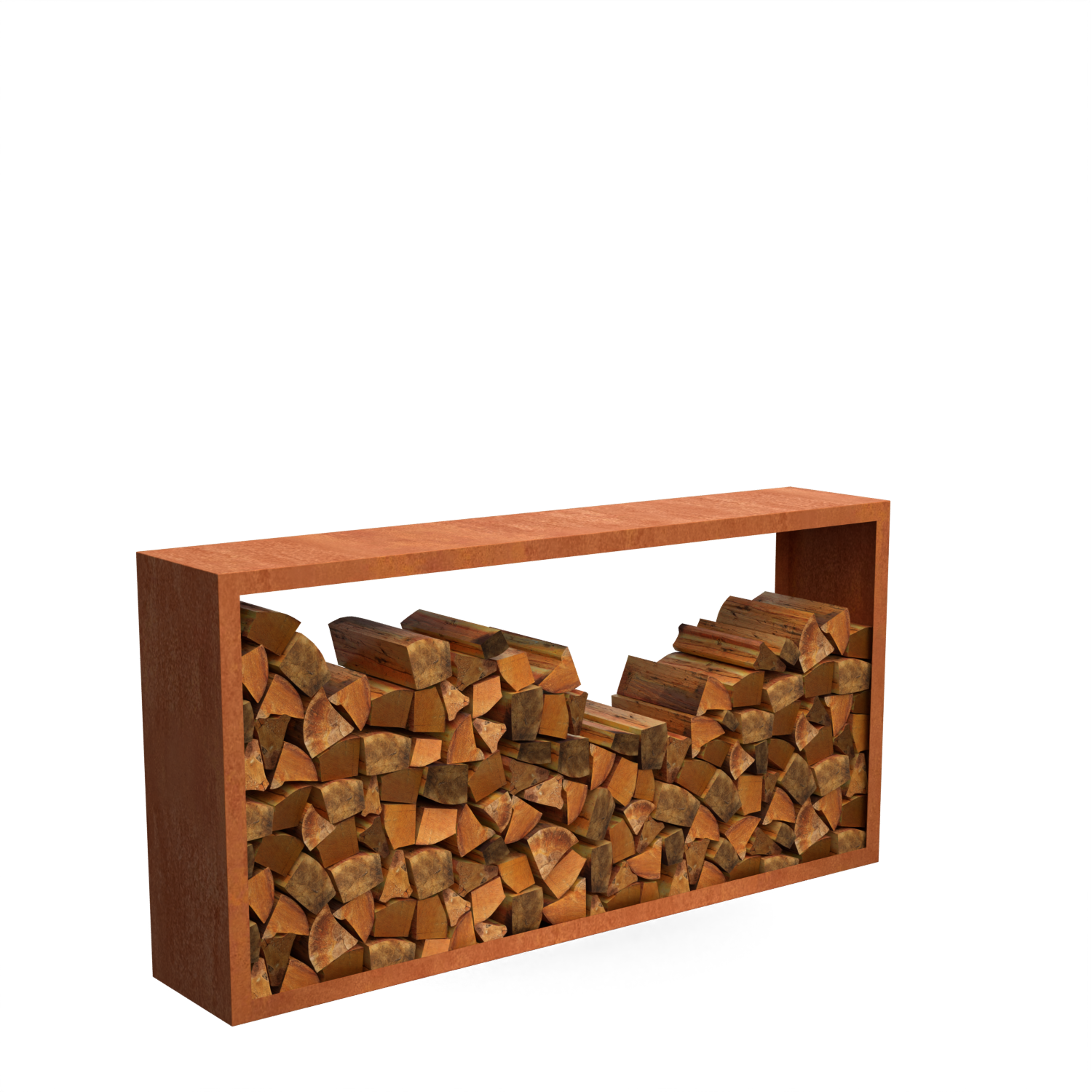 Rangement à bûches Egura en acier corten 2000×385×1000 mm, rempli de bois de chauffage