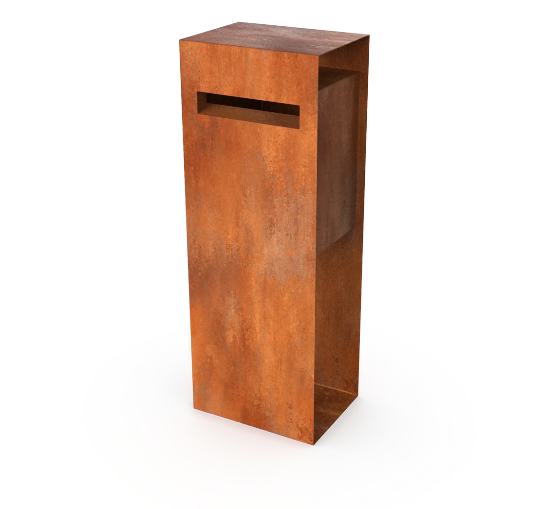 meter, rusted metal, slot opening, rectangular stand, industrial design