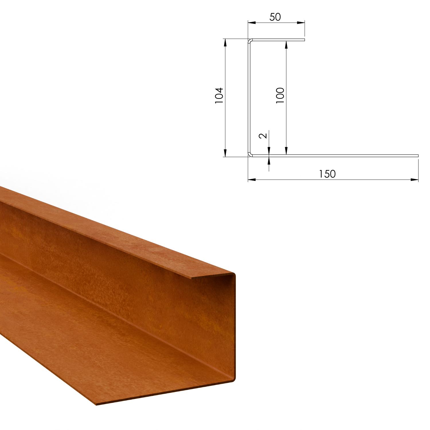 Corten steel U-profile capping profile 100 x 150 mm, 2400 mm long