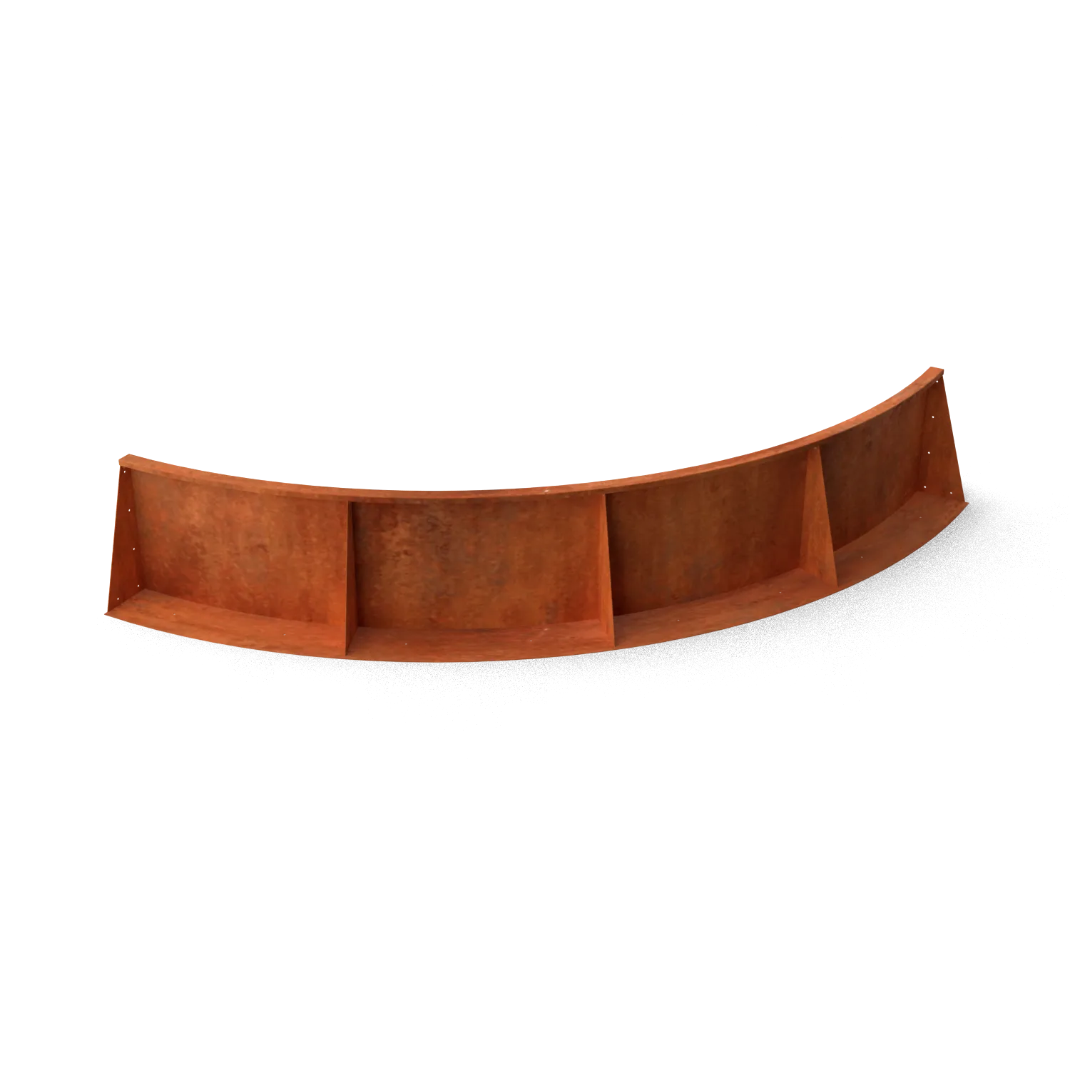 gebogen plank, roestvrij metaal, koperkleur, kleur oranje, secties
