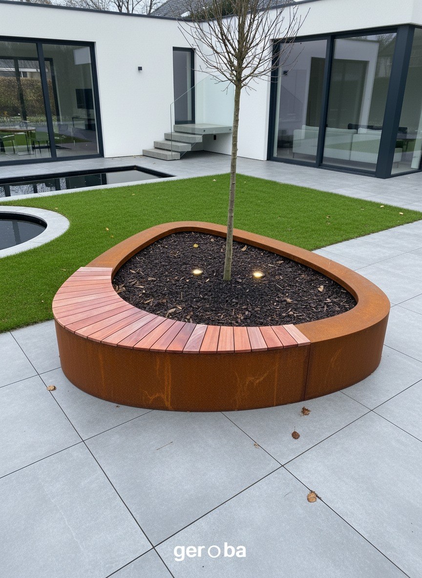 Organische cortenstaal plantenbak met houten zitbank - Geroba