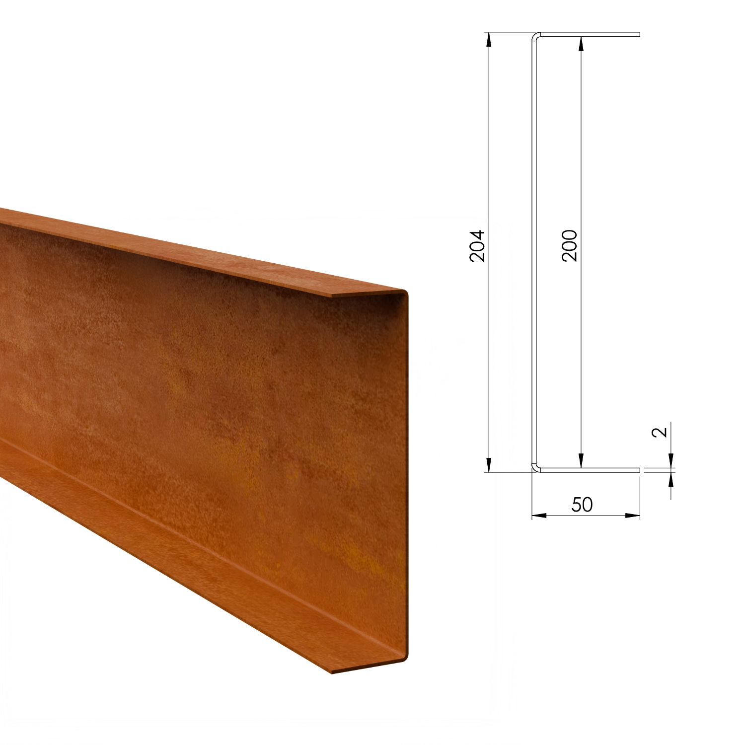 Profilé de recouvrement en U en acier corten 204 x 50 mm, longueur 2400 mm