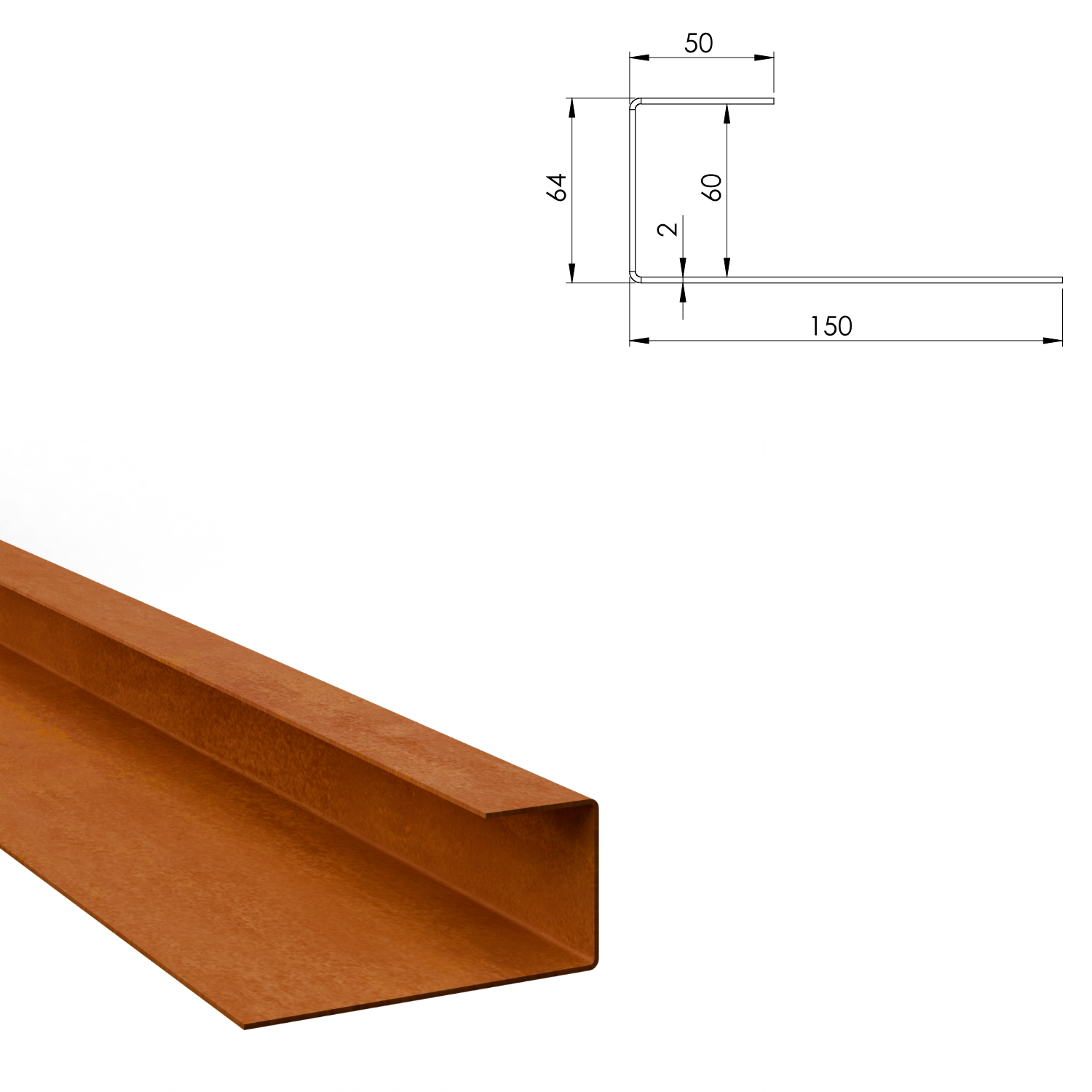 Profilé de recouvrement en U en acier corten 60 x 150 mm, longueur 2400 mm