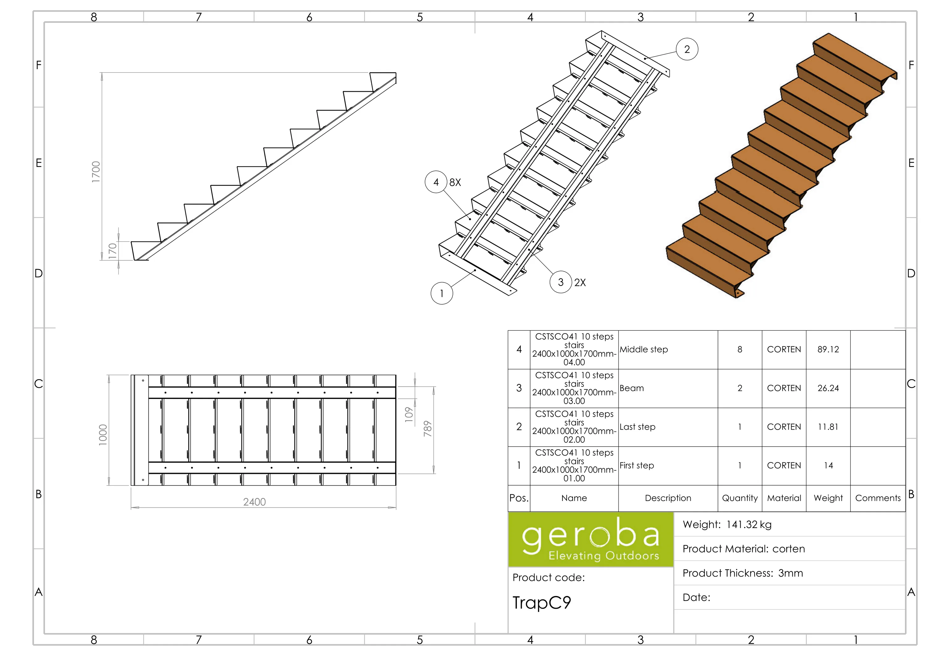 trap, trapstraat, trappen, staal, balken