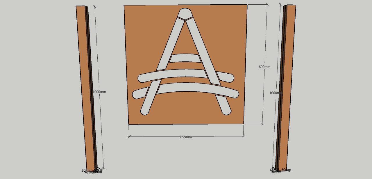 Ontwerpschets van het gemeentelijk symbool van Alken in cortenstaal tussen twee staanders