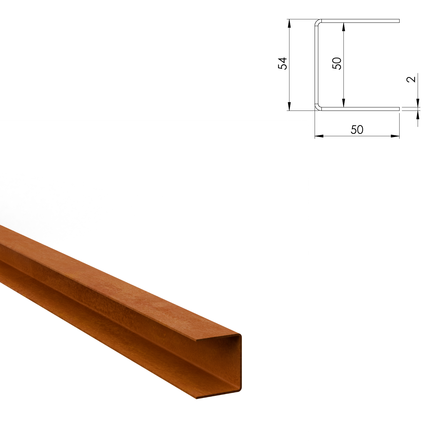 Profilé de recouvrement en U en acier corten 50 x 50 mm, longueur 2400 mm